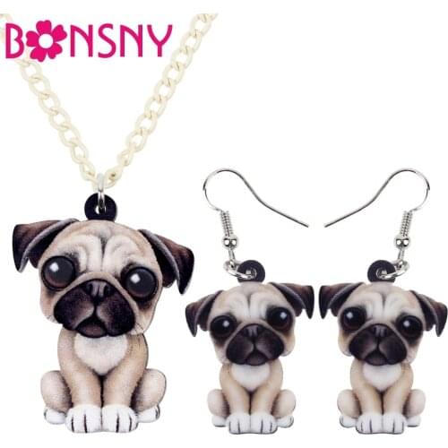 Bonsny Acrylic Sweet French Bulldog Pug Dog Earrings Necklace Collar Cartoon Animal Jewelry Sets For Women Girls Teens Gift Pets