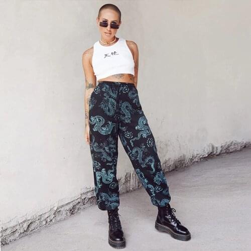Focal20 Streetwear Dragon Print Women Pants Drawstring High Waist Trousers Spring Lady Casual Loose Female Pants