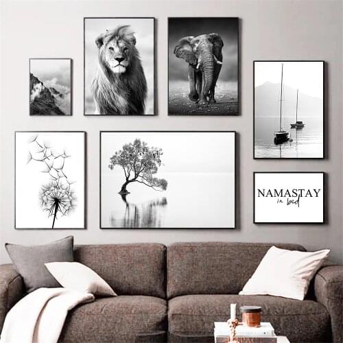 Wild Animal Lion Elephant Canvas Print Painting Lake Boat Tree Mountain Landscape Wall Art Poster Black White Picture Home Decor