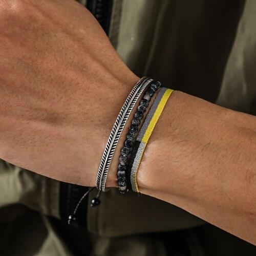 Hot Selling 3Pcs/Set Tibetan Bracelet Simple 925 Silver Bangle Natural Lava Weathered Stone Beads For Mens Best Jewelry Gifts