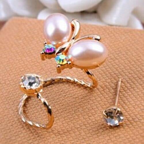 Hot fashion chic retro crystal ear clip bow flower gold color earrings bow imitation pearl sun earring