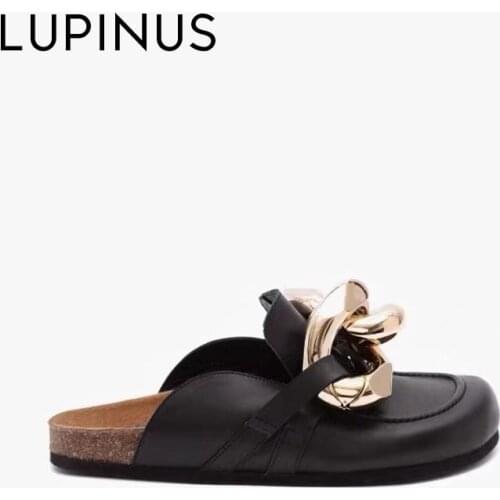 LUPINUS 2021 New Thick Gold Chain Women Flat Shoe Luxury Brand Design Metal Jewelry Women Mules Shoe Retro Style Women Shoe