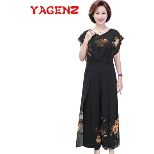 YAGENZ Fashion Summer Two Piece Set Women Short sleeve Suits Flower Print Chiffon Tops And Pants Chiffon Two Piece Set Women 733