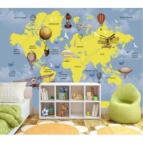 Papel de parede Hand-painted world map hot air balloon childrens room bar 3d wallpaper children bedroom wall papers home decor