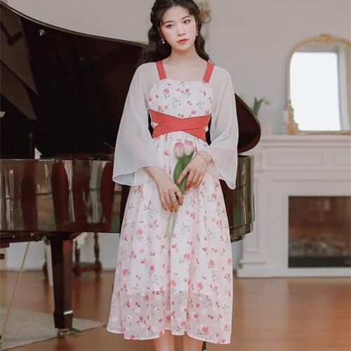 Vestido de mujer Sweet and Elegant Chiffon Hanfu Floral Dress 2021 Summer New Chinese Style Retro Dresses