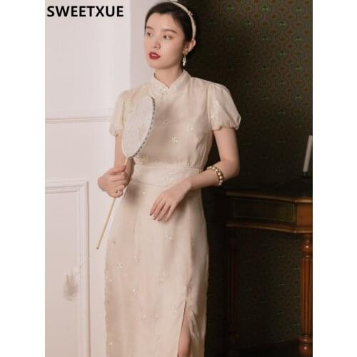 SWEETXUE 2021 Summer Retro Temperament Cheongsam Girl Slit Party Dress Vintage Embroidered puff sleeves Chic Female Vestido Muje