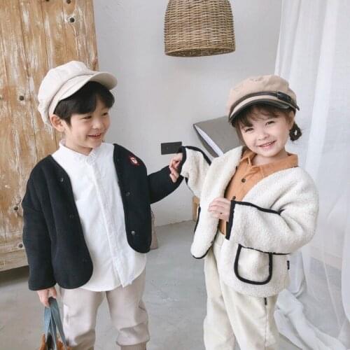 Boys and girl warm plus velvet coat Children wear ingress winter Korean version of baby lamb with scarf baby girl winter clothes