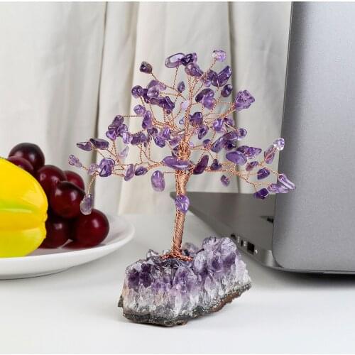 TUMBEELLUWA Natural Amethyst Luck Money Tree Reiki Healing Quartz Base Decoration Home DIY Gift