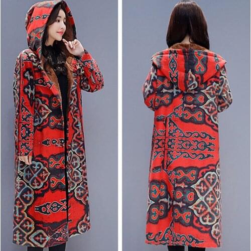 Velvet Thick Hooded Overcoat New Autumn Winter Vintage Buckle National Wind Print Long Windbreaker Jacket Women Cotton Linen