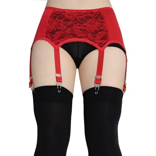 Vintage Red Lace Garter Belt With 6 Straps Metal Clip Sexy Suspender Belt for Women Stockings Lingerie Plus Size