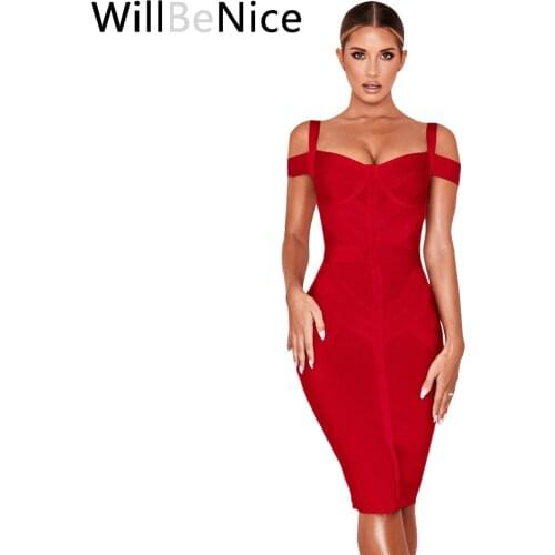 Willbenice Off Shoulder Bodycon Bandage Dress Women Sexy Spaghetti Sexy Club Red Bandage Dress Celebrity Evening Party