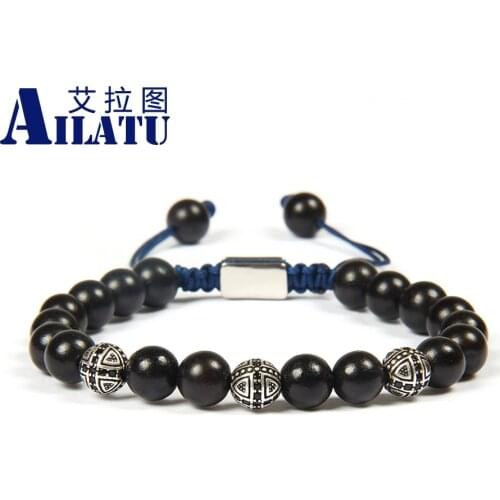 Ailatu Jewelry Wholesale 10 Pieces 8 mm Natural Red &Black Wooden Beads with Antique Black Cz Round Cross Macrame Bracelet