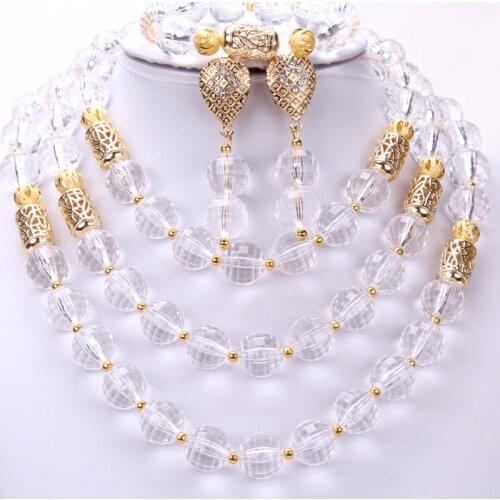 Dudo African Nigerian Traditional Wedding Beads White and Gold Jewellery Set Dubai Bracelet Earrings Necklace Set