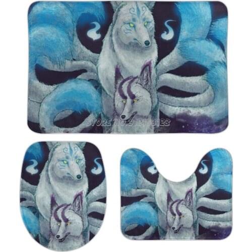 Closer 3pcs Bathroom Mats Set Coral Velvet Bath Mats Toilet Rug Cover Anti Slip Carpet for Home Decor Fox Foxes Kitsune Fantasy