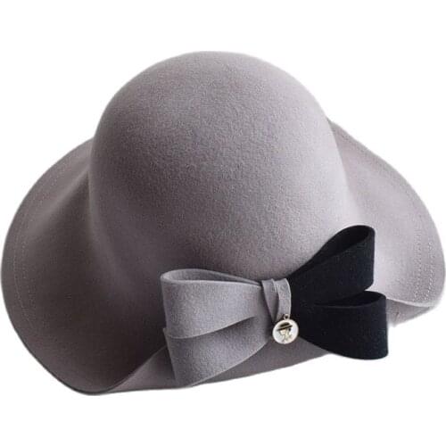 Winter Elegant Grey Women Bow Wool Felt Fedora Hats Wide Brim Chapeu Feminino Free Shipping SWDW018