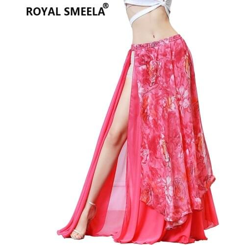 Womens Hot Side Slit belly dance Skirt Double Layer Belly Dance Costume Skirt Belly dancing Clothes Printed Floral dance Skirt