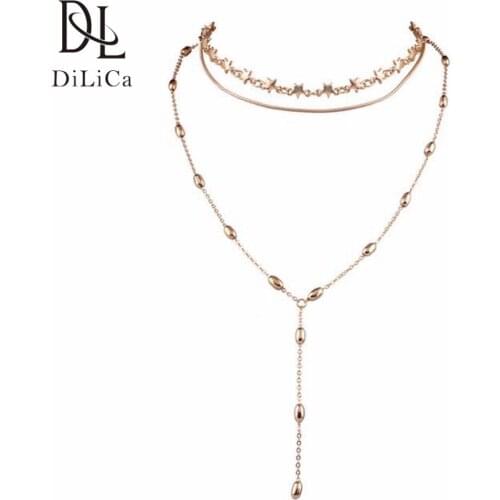 DiLiCa Multi-layer Star Chokers Necklaces for Women Layering Beads Chain Necklace Gold Color Choker Necklace Pendant Jewelry
