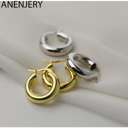 ANENJERY 925 Sterling Silver Metal Round Tube Hoop Earrings For Women Glossy Hip hop French Ear Buckle S-E105