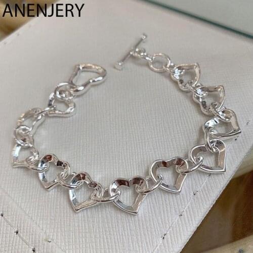 ANENJERY 925 Sterling Silver Hollow Heart Shape Bracelets For Women Simple Temperament All-Match Jewelry