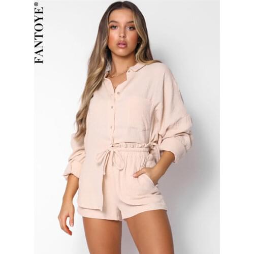 Fantoye Casual Sporty Two Pieces Sets Women Solid Long Sleeve Blouse And Drawstring Biker Shorts Outfits High Street Tracksiuts