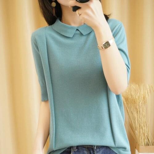 Summer New Short-sleeved Woman Doll Collar Pullover Vest Slim Fashion Knitted Bottoming T-Shirt Short Sleeve Large Size