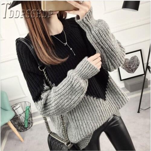 2019 Round Neck Knitting Thick Women Sweater Patchwork Plus Size Female Sweaters