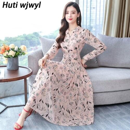 3XL Plus Size pink Casual Midi Dress 2021 Vintage Floral Chiffon Boho Beach Maxi Dress Autumn Winter Women Bodycon Party Vestido
