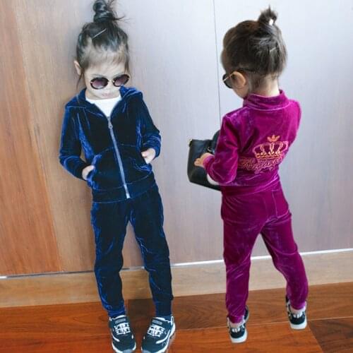 2020 Spring Fall Girls Fashion Velvet Clothing Set Childrens Clothes Hooded Jacket + Pants 2 Pcs 2-13 Yrs Kids Sport Suit X339