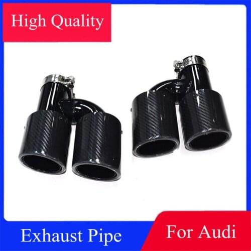 2 PCS H Style Black Carbon Fiber + Stainless Steel Exhaust End Pipe For Audi A3 A4 A5 A6 A7 Q5 Modified S4 S5 S6 S7 Muffler Tips