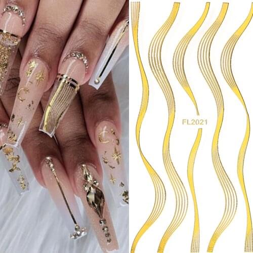 3D Striping Line Art Stickers Adhesive Sliders Golden Nail Transfer Decal Foils Wraps Nail Decoration Laser Stripe Nail Stickers