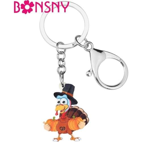 Bonsny Acrylic Thanksgiving Anime Pumpkin Turkey Chicken Key Chains Rings Car Purse Bag Decoration Keychain For Women Girls Gift