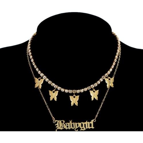 Shiny Butterfly Rhinestone Choker Necklace for Women Multilayer Gold Silver Color Babygirl letters Pendant Necklace Jewelry Gift