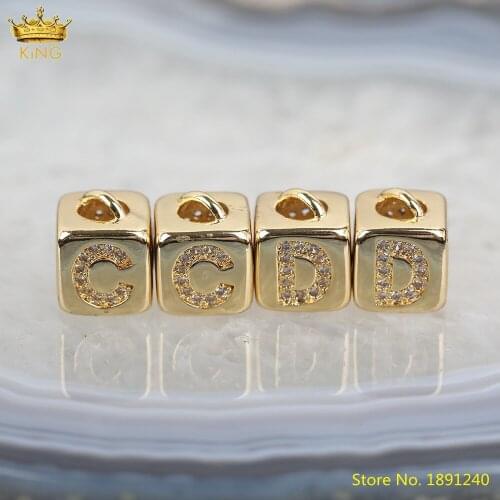 10pcs CZ Paved Capital Letter Cube Beads Pendant Necklace,Fashion Gold Copper Letter Zirconia Charms For DIY Jewelry Making