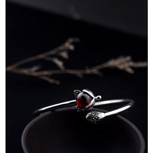 Pure Silver S925 Silver Garnet Fox Open Size Bangle Sterling 925 Silver Jewelry (YRT)
