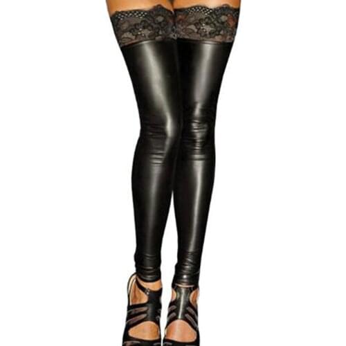 Wetlook Faux Leather High Thigh Stockings Sexy Night Club Skinny Long Black Lace Leather Tights Women Pole Dance Sexy Stockings