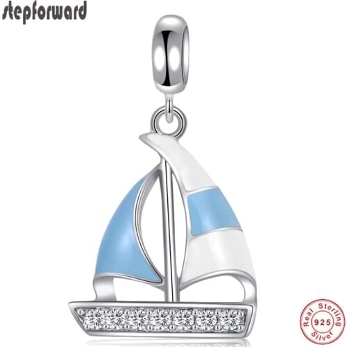 Hot Sale Genuine 100% 925 Sterling Silver Sailing Boat Hanging Charm Popular Punk Style Enamel Pendants Beads For Jewelry Making
