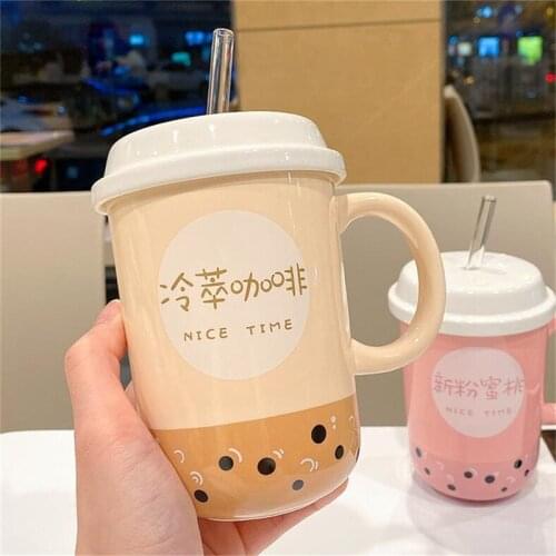 Kawaii Bubble Tea Ceramic Mugs 350ml Cute Student Boba Coffee Cup With Lid Glass Straw Home Tea Juice Milk Water Cup Girl Gift