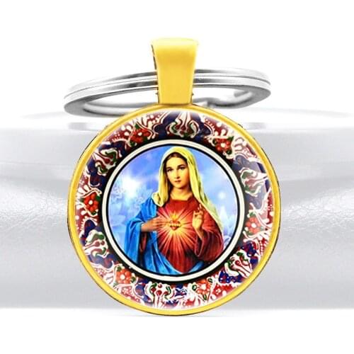 Classic Gold Blessed Virgin Mary Design Glass Dome Pendant Key Chain Charm Men Women Jewelry Gifts Key Rings