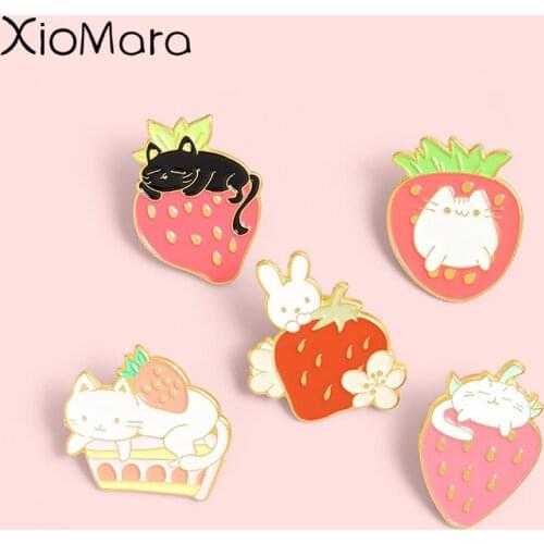 Strawberry With Cute Animals Enamel Pins Cartoon Fruit Clothes Brooches Lapel Badges Jewelry Wholesale Bag Pins Gift for Friends