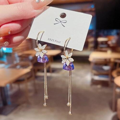 Korean New Trendy Crystal Flower Long Tassel Earrings for Women Fashion Elegant Dangle Earrings Female Delicate Drop Earrings