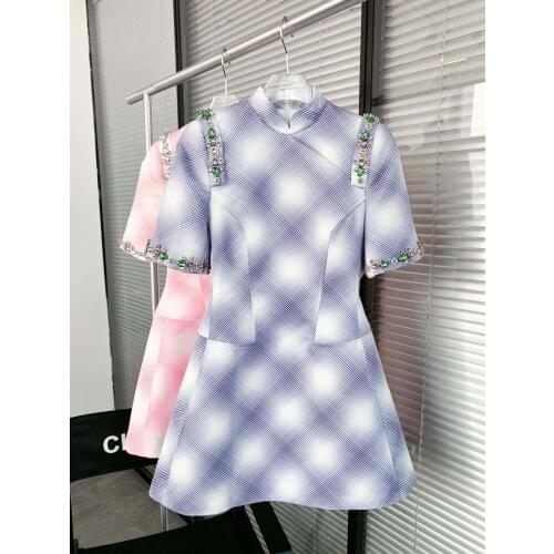 Fashion 2021 new women short sleeve stand collar diamond plaid dress 0327