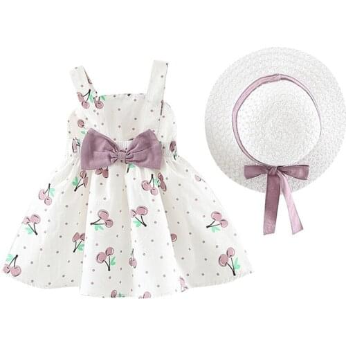 Fashion Childrens Sleeveless Cherry Polka Cherry Dot Bow Dress Child Princess Dress Straw Hat For Kids Girls Outfits L102