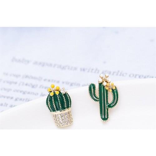 Fashion Enamel glaze Asymmetry Cactus Stud Earrings for Women Gold Plated Cute Small Cactu Plant Ear Studs Trendy серьги Jewelry