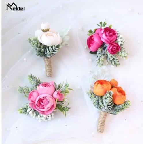 Meldel Men Boutonniere Flower Buds Artificial Silk Tea Rose Bridesmaids Wrist Corsage Wedding Brooch Corsage Groom Boutonniere