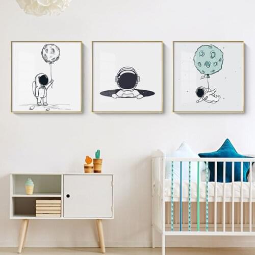 Nordic Space Travelling Canvas Painting Poster Print White Cartoon kids Wall Art Pictures For Living Room Boys Bedroom home deco