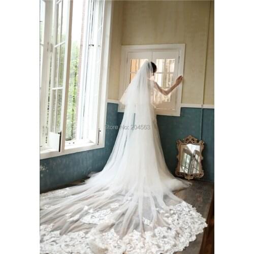 New Arrive Two-Layer Lace Wedding Veil with Appliques Stunning Long Bridal Veils with Comb AX