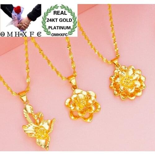OMHXFC Wholesale European Fashion Woman Party Birthday Wedding Gift Elegant Hollow Flower 24KT Real Gold Charm Pendant PN143
