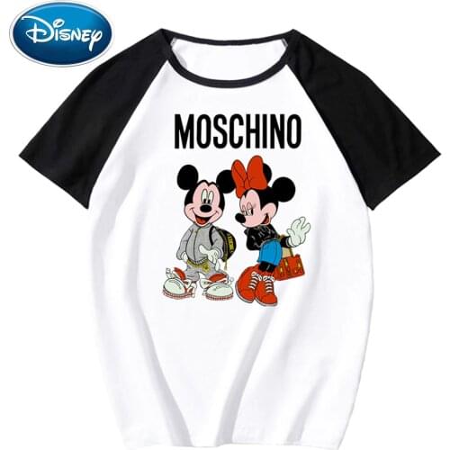 Disney Stylish Mickey Minnie Mouse Cartoon Print O-Neck Pullover Short Sleeve Contrast Color T-Shirt Unisex Loose Tops 9 Colors