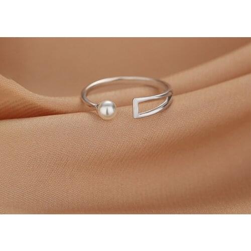 Real 925 Sterling Silver Simple Pearl Triangle Open Rings Fine Adjustable Ring for Women Girls