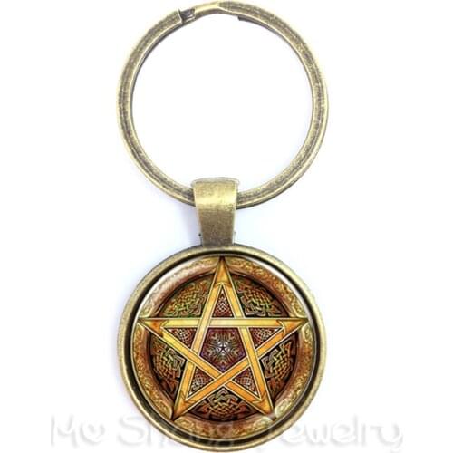 Supernatural Pentagram Keychain Glass Cabochon Wicca Pagan Gothic Pentagram Pentacle Star Crystal Pendant Five Pointed Star